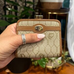 Vintage Christian Dior Monogram Kisslock Coin Purse Wallet Beige Canvas France